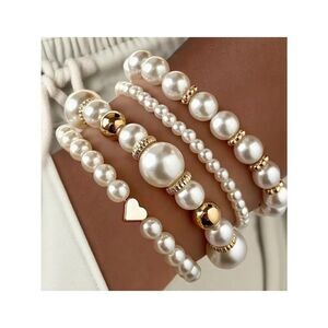NWT Vintage Faux Pearl Stackable Bracelet Set Gold Heart Charm 4Pc Layered